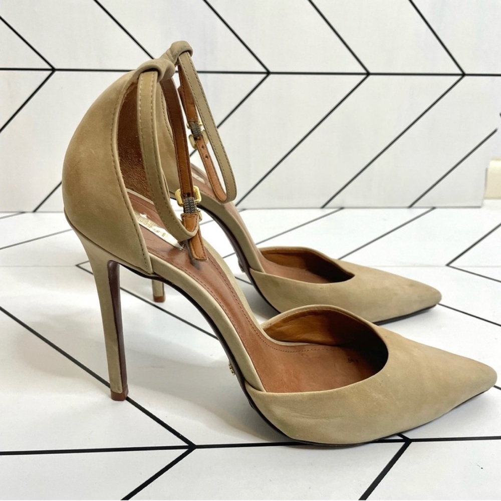 Schutz | Irma Suede Pumps Strappy High Heels Ankle Strap Beige Size 9.5